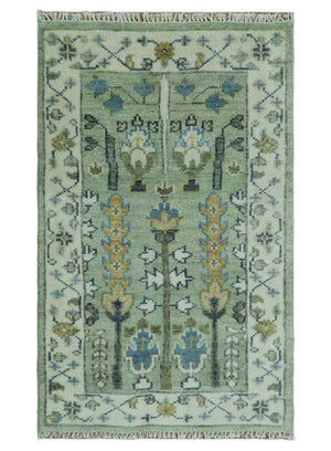 Moss Green and Ivory Multi Size Vintage Wool Hand Knotted Rug
