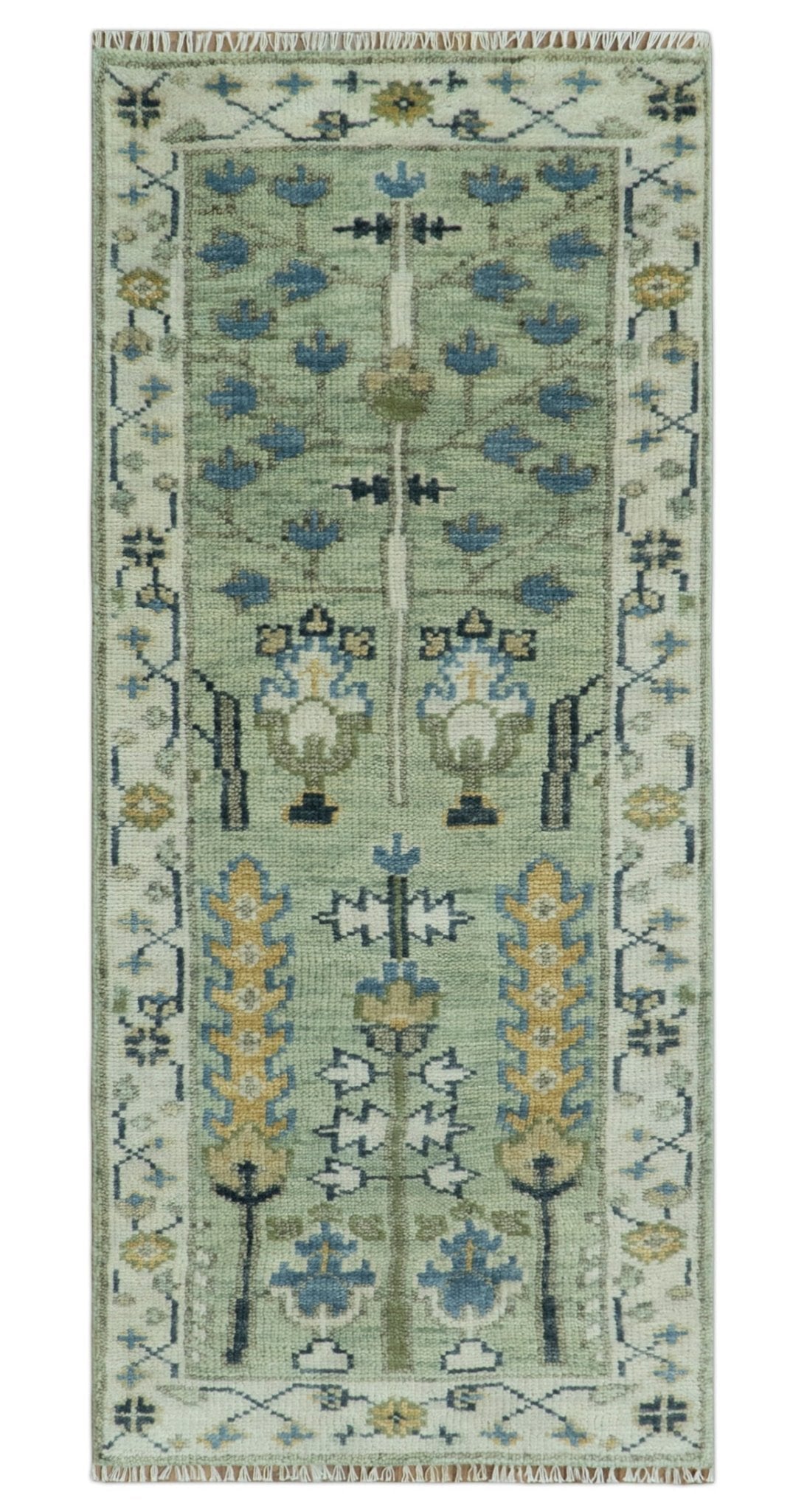 Moss Green and Ivory Multi Size Vintage Wool Hand Knotted Rug
