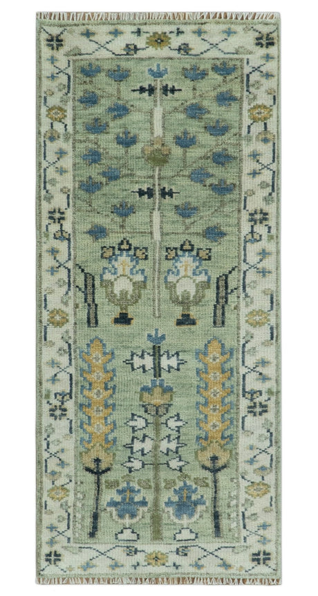 Moss Green and Ivory Multi Size Vintage Wool Hand Knotted Rug