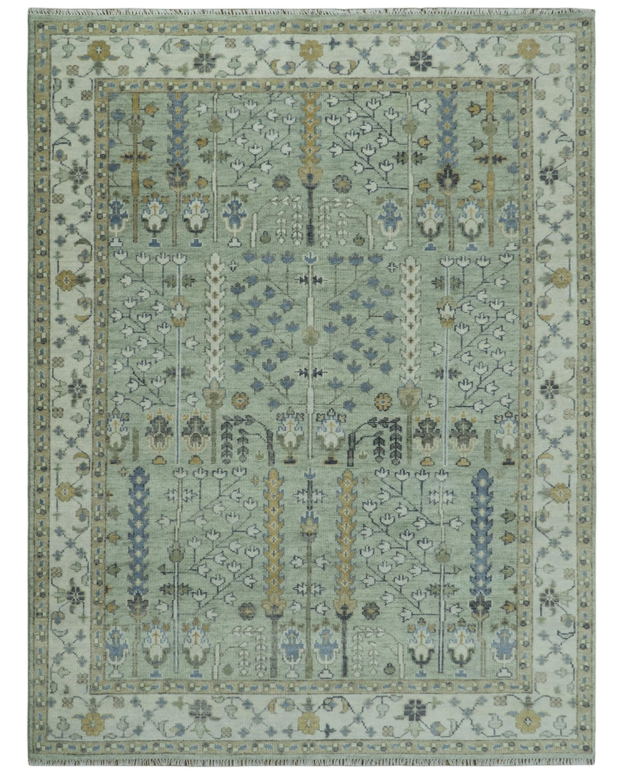 Moss Green and Ivory Multi Size Vintage Wool Hand Knotted Rug