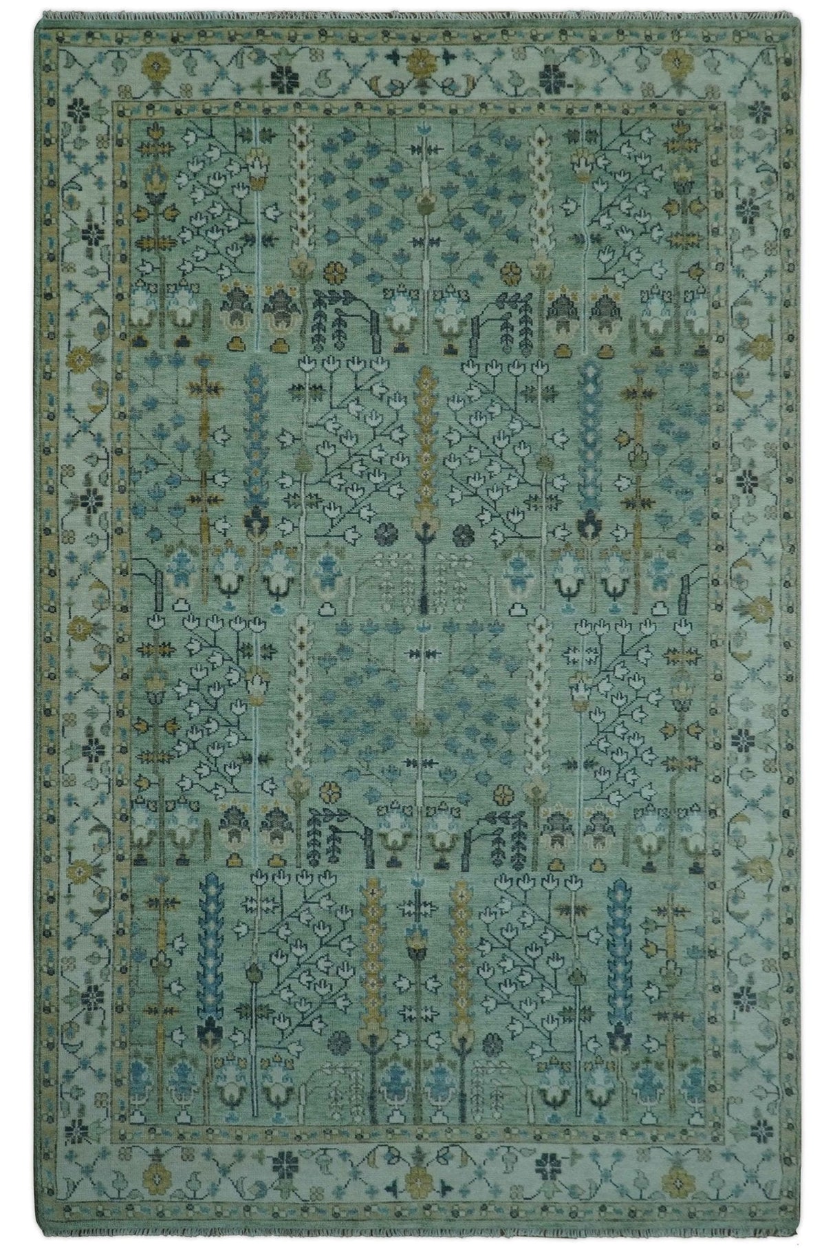 Moss Green and Ivory Multi Size Vintage Wool Hand Knotted Rug