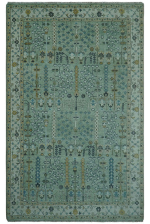 Moss Green and Ivory Multi Size Vintage Wool Hand Knotted Rug