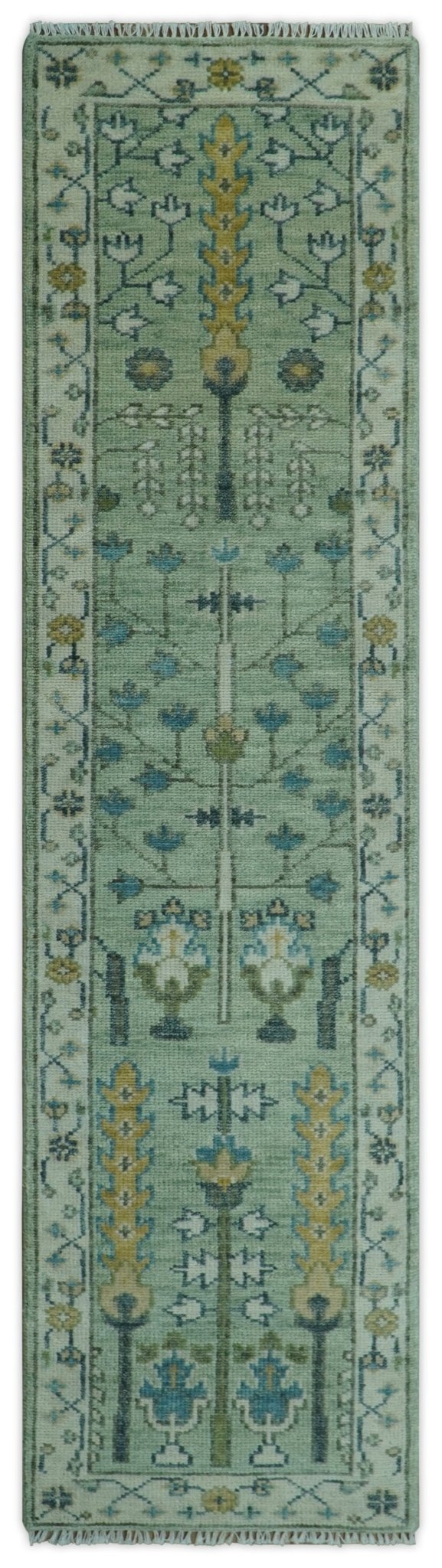 Moss Green and Ivory Multi Size Vintage Wool Hand Knotted Rug