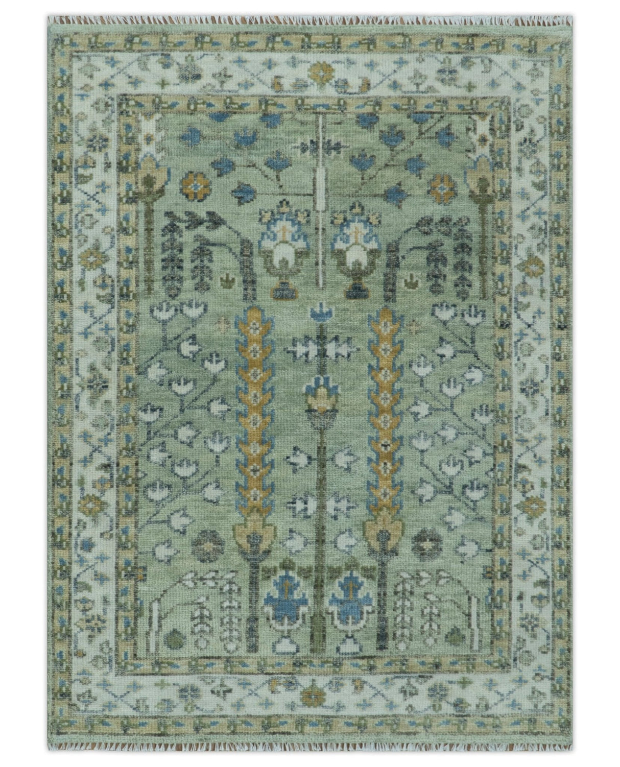 Moss Green and Ivory Multi Size Vintage Wool Hand Knotted Rug