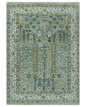 Moss Green and Ivory Multi Size Vintage Wool Hand Knotted Rug