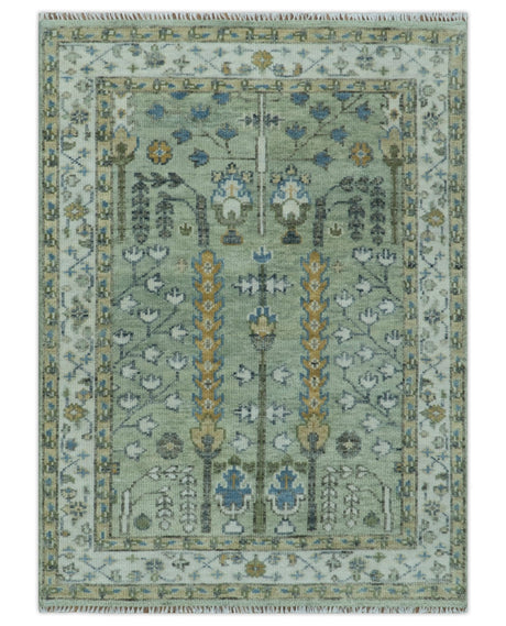 Moss Green and Ivory Multi Size Vintage Wool Hand Knotted Rug