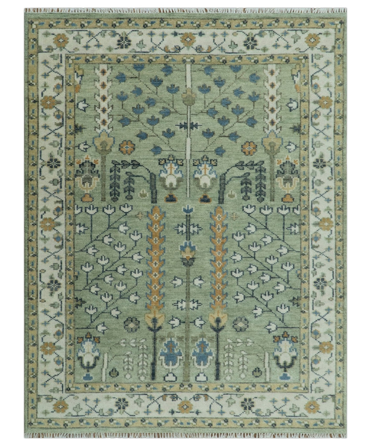 Moss Green and Ivory Multi Size Vintage Wool Hand Knotted Rug