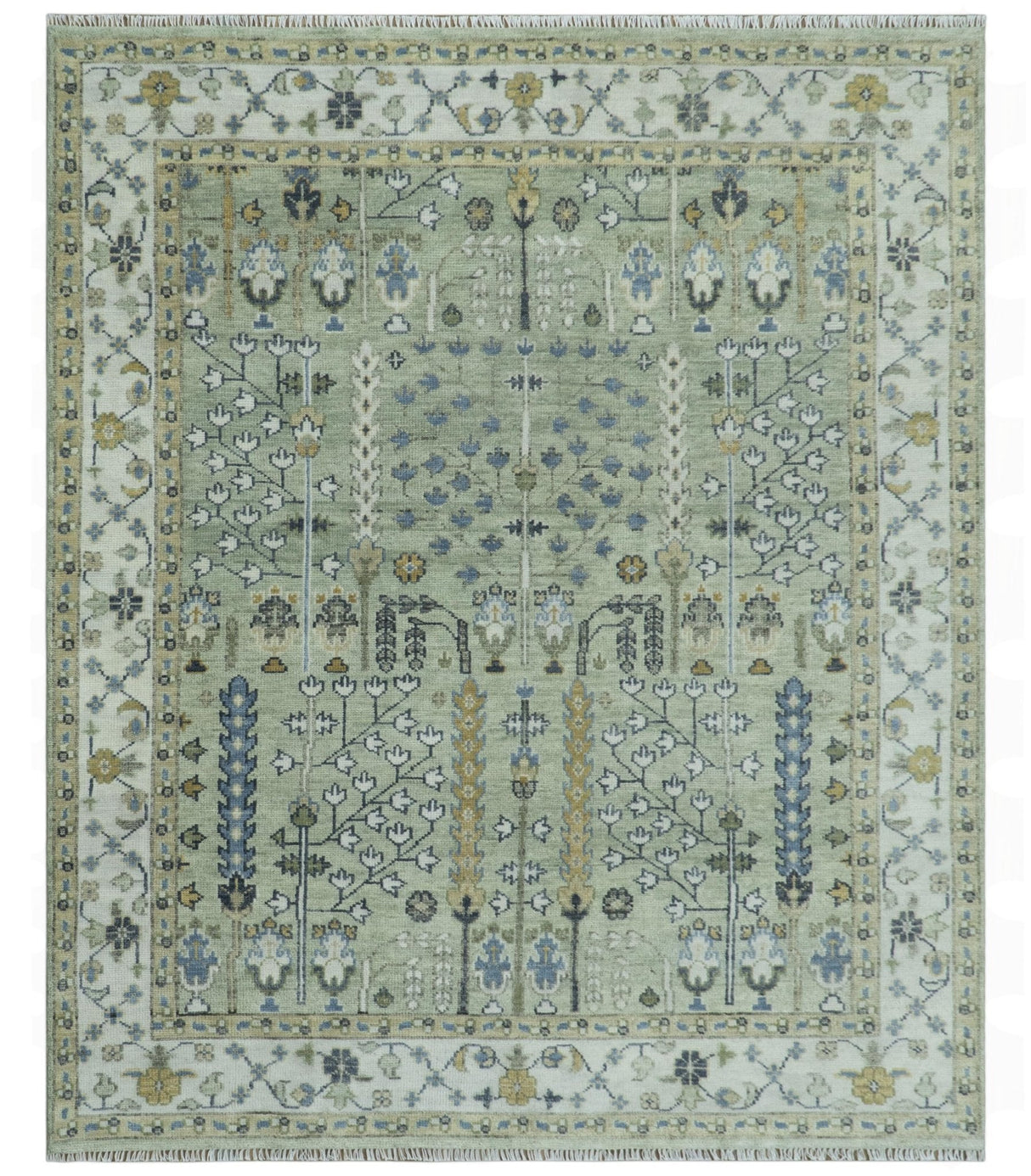 Moss Green and Ivory Multi Size Vintage Wool Hand Knotted Rug