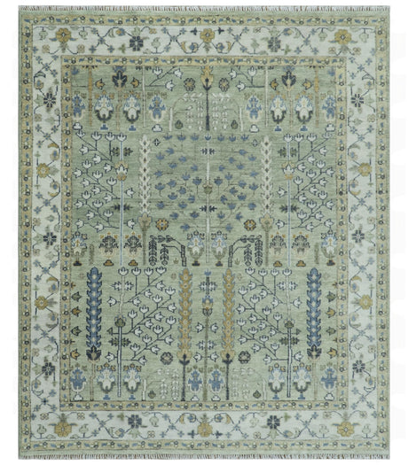 Moss Green and Ivory Multi Size Vintage Wool Hand Knotted Rug