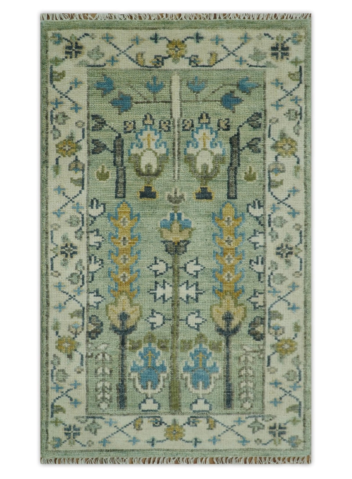 Moss Green and Ivory Multi Size Vintage Wool Hand Knotted Rug