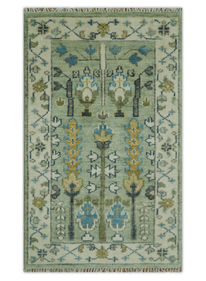 Moss Green and Ivory Multi Size Vintage Wool Hand Knotted Rug