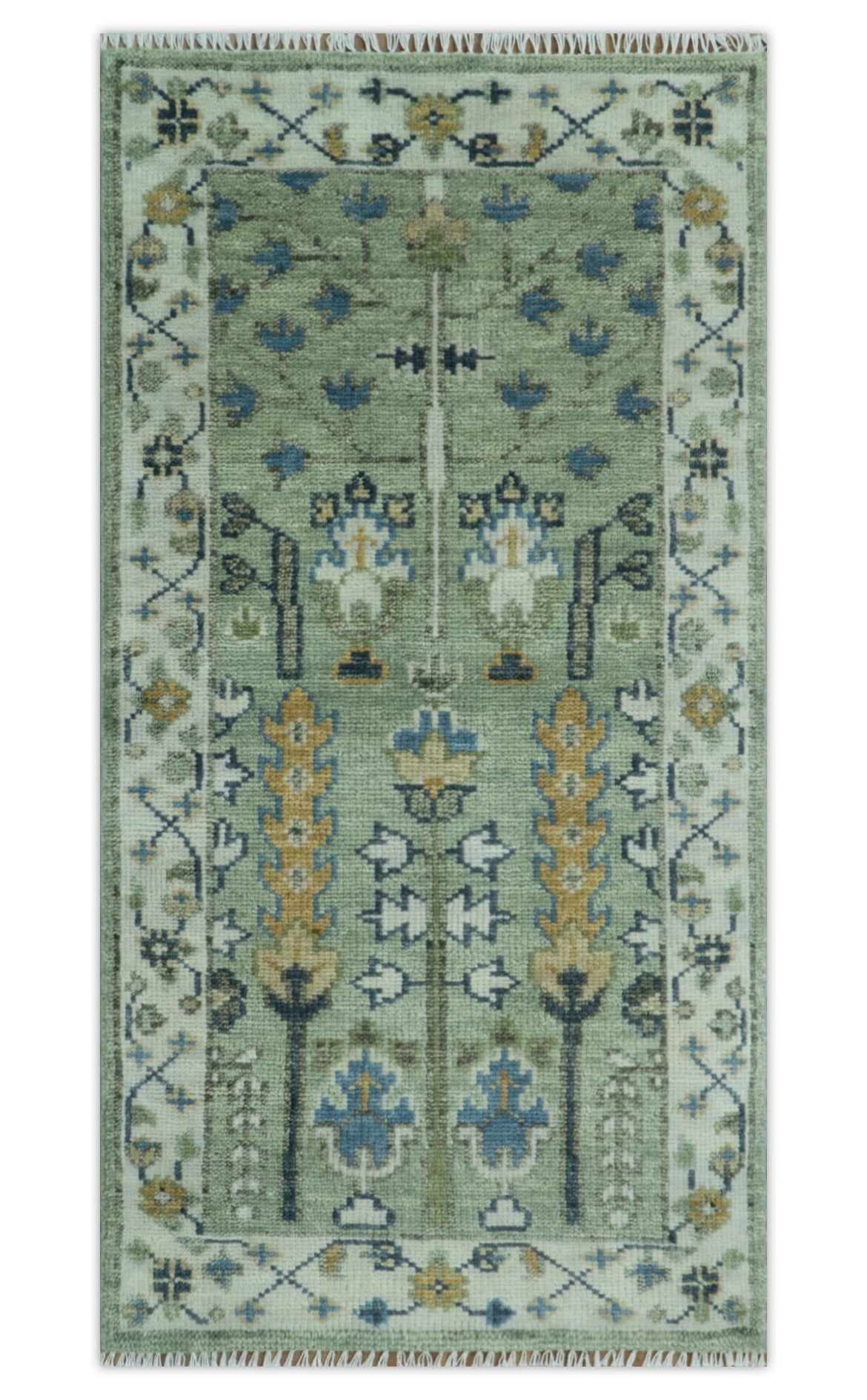 Moss Green and Ivory Multi Size Vintage Wool Hand Knotted Rug