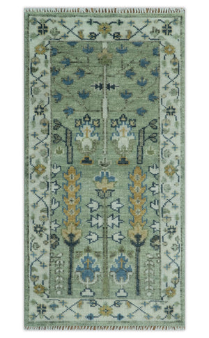 Moss Green and Ivory Multi Size Vintage Wool Hand Knotted Rug