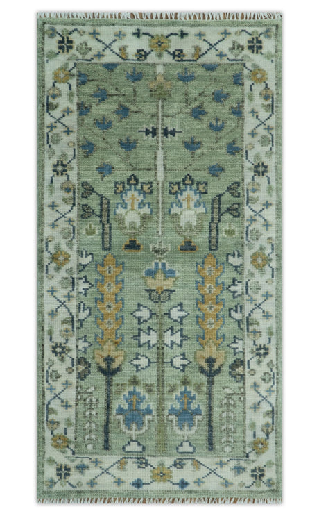 Moss Green and Ivory Multi Size Vintage Wool Hand Knotted Rug