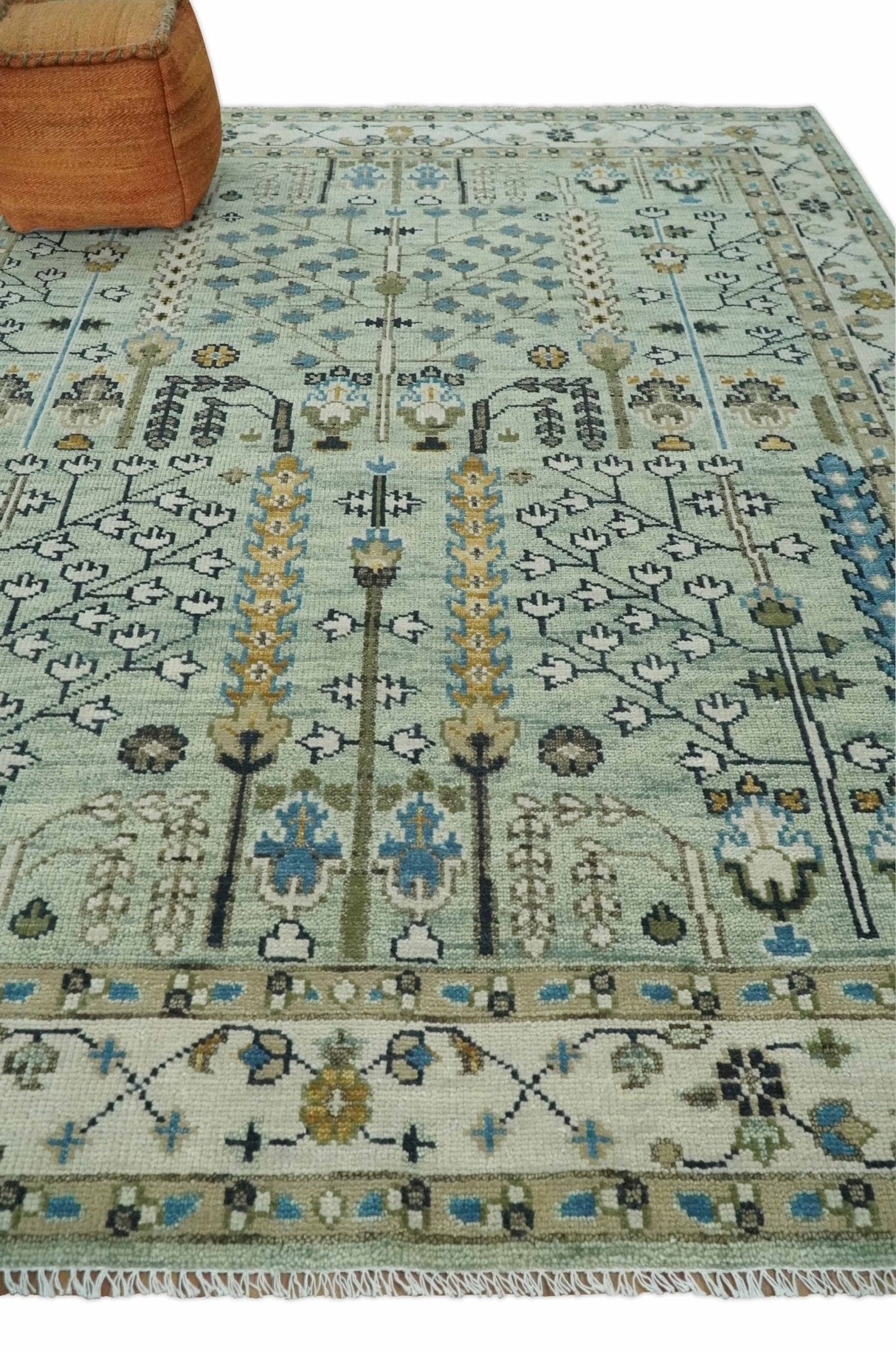 Moss Green and Ivory Multi Size Vintage Wool Hand Knotted Rug