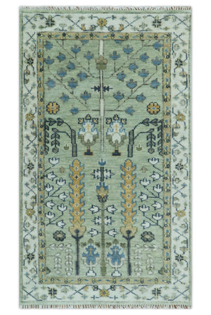 Moss Green and Ivory Multi Size Vintage Wool Hand Knotted Rug