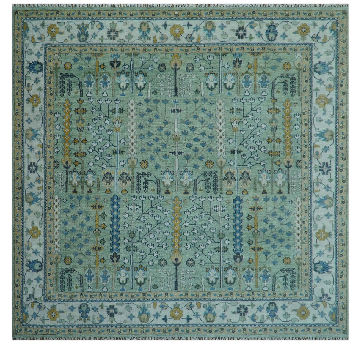 Moss Green and Ivory Multi Size Vintage Wool Hand Knotted Rug
