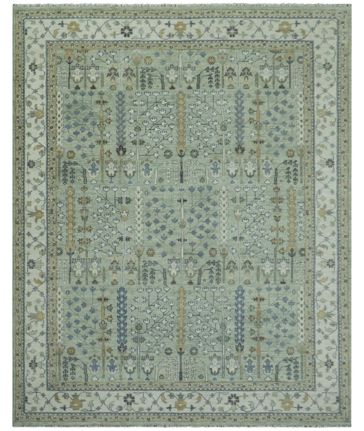 Moss Green and Ivory Multi Size Vintage Wool Hand Knotted Rug