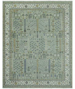 Moss Green and Ivory Multi Size Vintage Wool Hand Knotted Rug