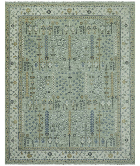 Moss Green and Ivory Multi Size Vintage Wool Hand Knotted Rug