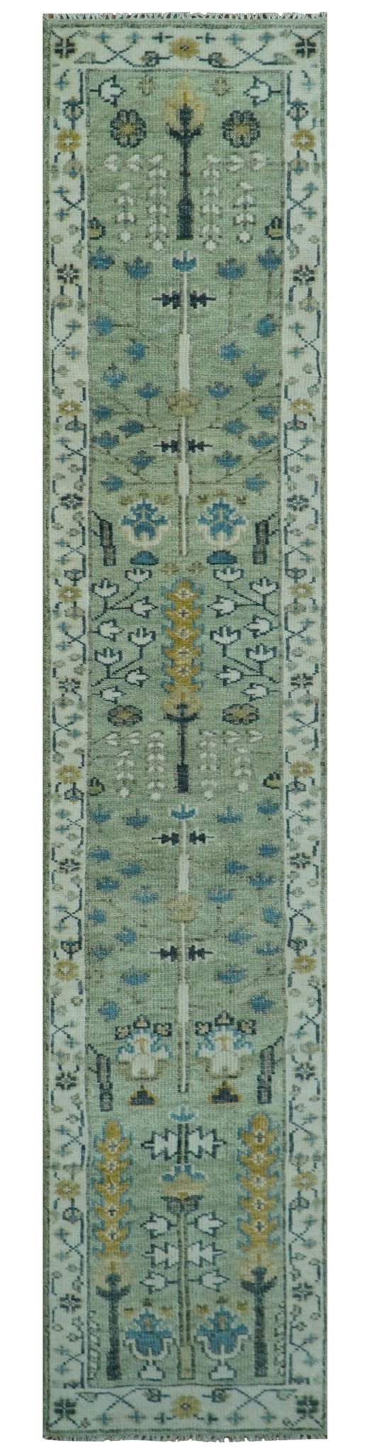 Moss Green and Ivory Multi Size Vintage Wool Hand Knotted Rug