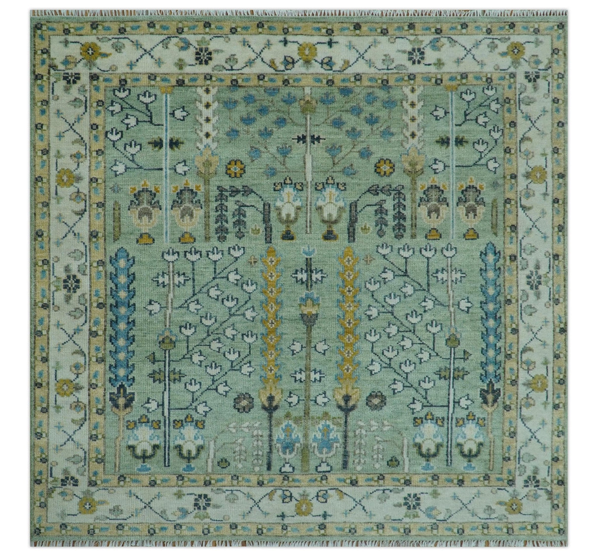Moss Green and Ivory Multi Size Vintage Wool Hand Knotted Rug