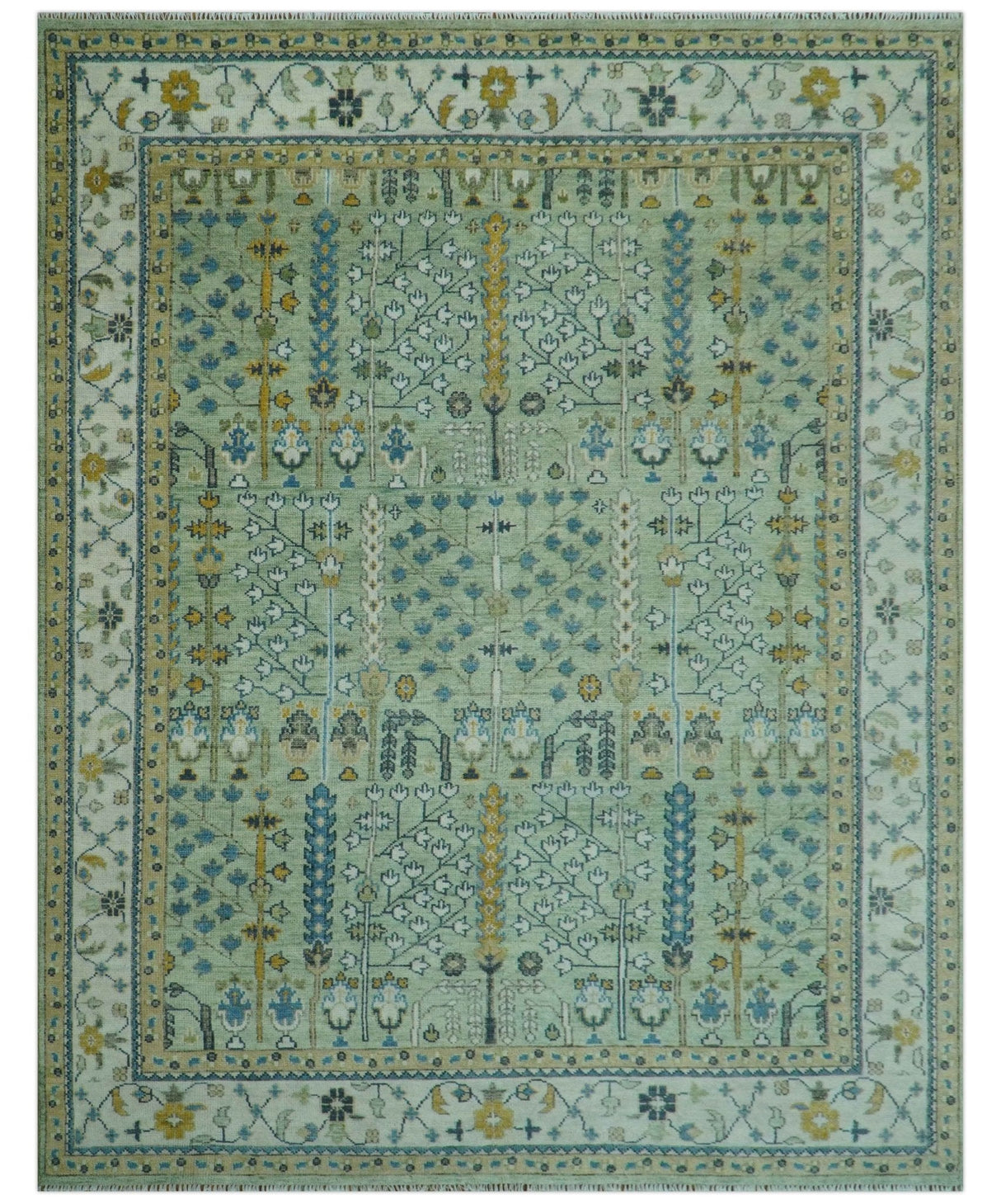 Moss Green and Ivory Multi Size Vintage Wool Hand Knotted Rug