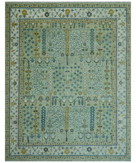 Moss Green and Ivory Multi Size Vintage Wool Hand Knotted Rug