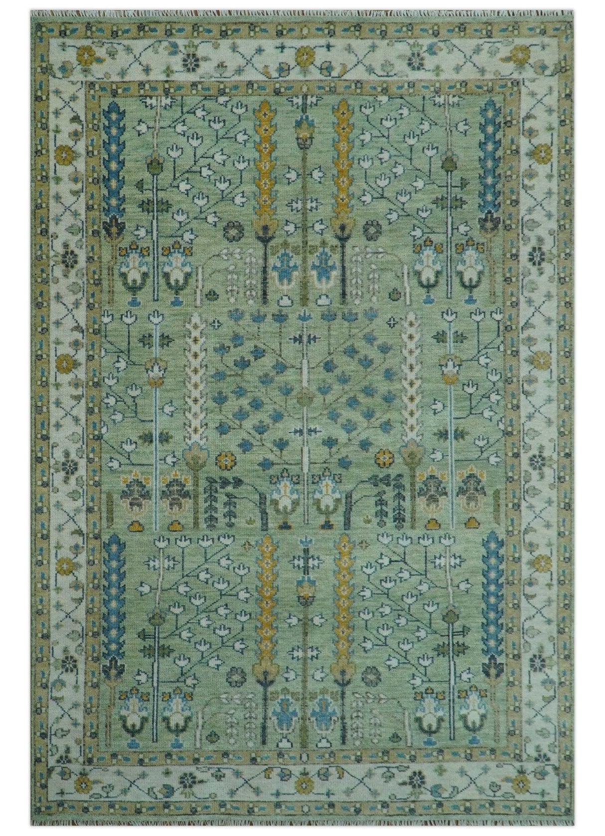 Moss Green and Ivory Multi Size Vintage Wool Hand Knotted Rug