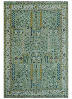 Moss Green and Ivory Multi Size Vintage Wool Hand Knotted Rug
