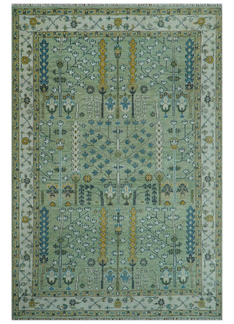 Moss Green and Ivory Multi Size Vintage Wool Hand Knotted Rug