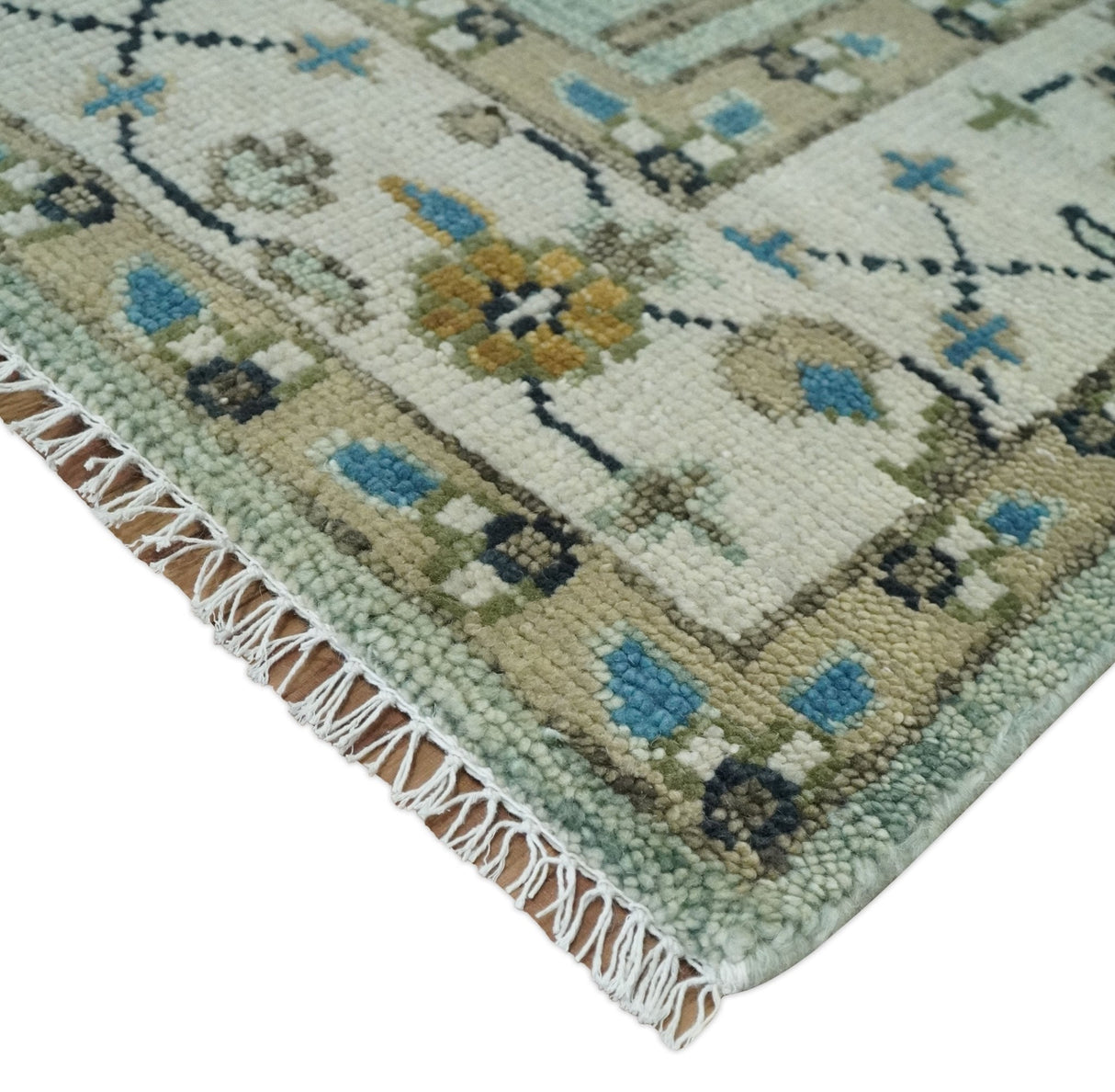 Moss Green and Ivory Multi Size Vintage Wool Hand Knotted Rug