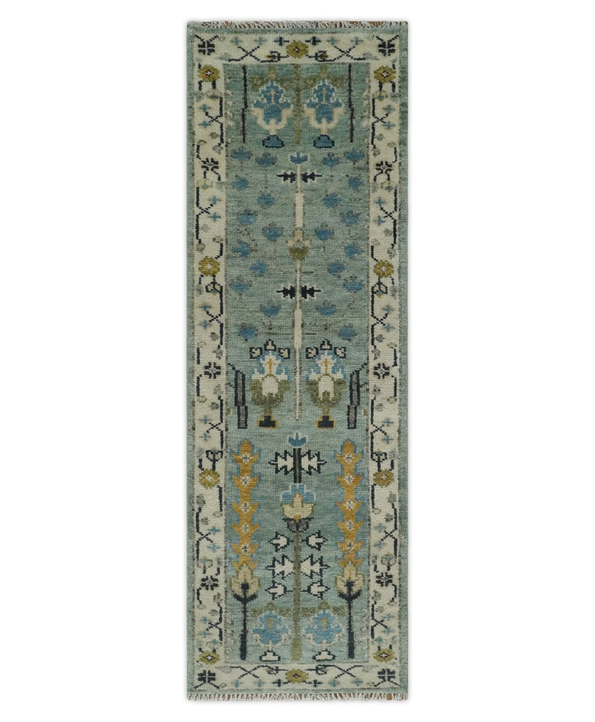 Moss Green and Ivory Multi Size Vintage Wool Hand Knotted Rug
