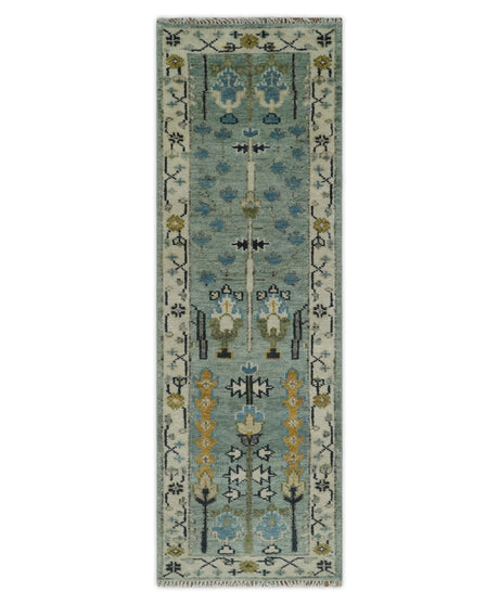 Moss Green and Ivory Multi Size Vintage Wool Hand Knotted Rug