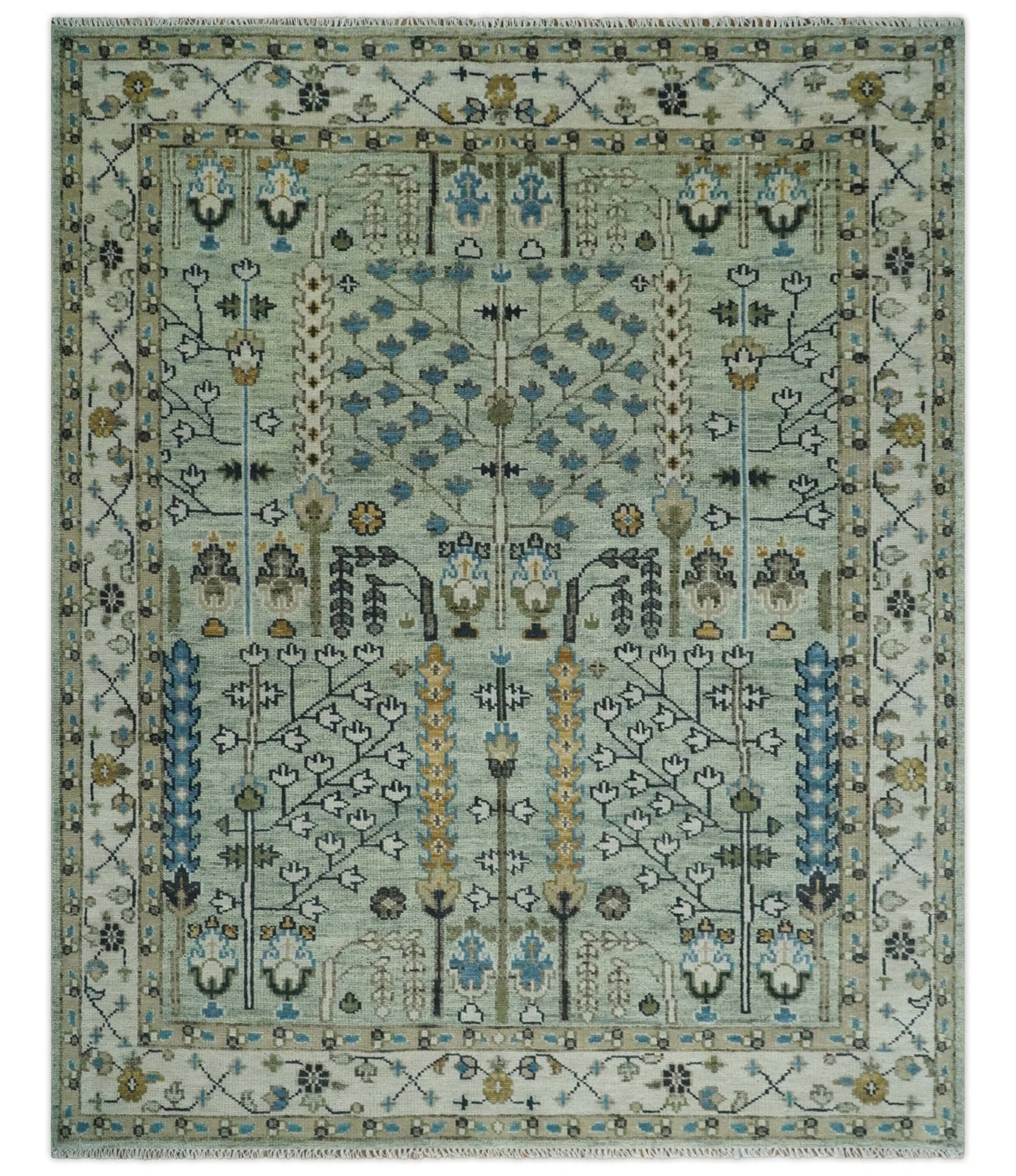 Moss Green and Ivory Multi Size Vintage Wool Hand Knotted Rug