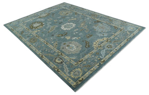 Multi Size Hand Knotted Blue and Beige Traditional Oushak Wool Rug
