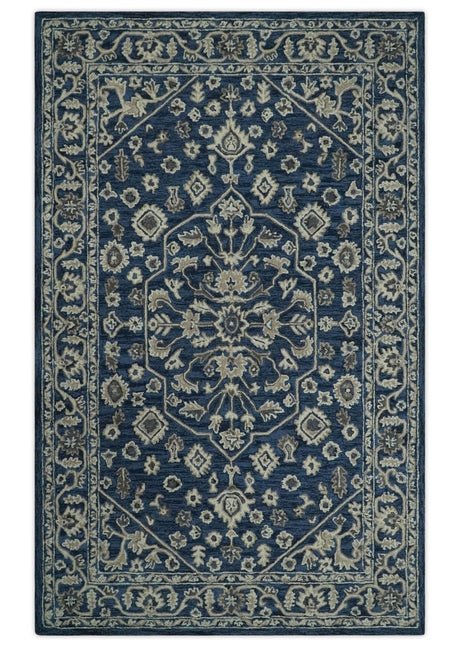 Multi Size Hand Tufted Blue and Beige Traditional Medallion 8x10, 9x12 Antique Style Rug, Kids, Living Room and Bedroom Rug | TRD6441
