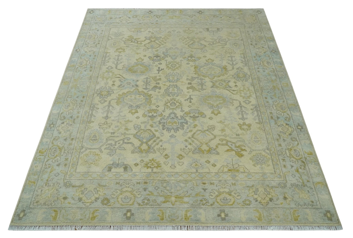 Neutral Beige and silver 8x10 Traditional Antique Finish Hand knotted Wool Area Rug