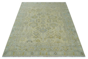 Neutral Beige and silver 8x10 Traditional Antique Finish Hand knotted Wool Area Rug