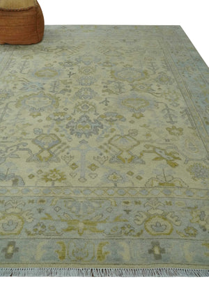 Neutral Beige and silver 8x10 Traditional Antique Finish Hand knotted Wool Area Rug