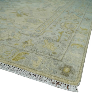Neutral Beige and silver 8x10 Traditional Antique Finish Hand knotted Wool Area Rug