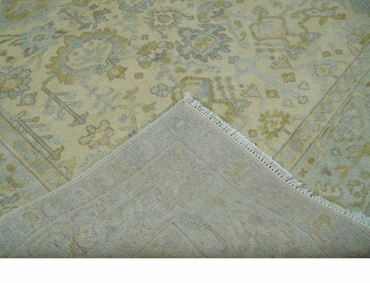 Neutral Beige and silver 8x10 Traditional Antique Finish Hand knotted Wool Area Rug