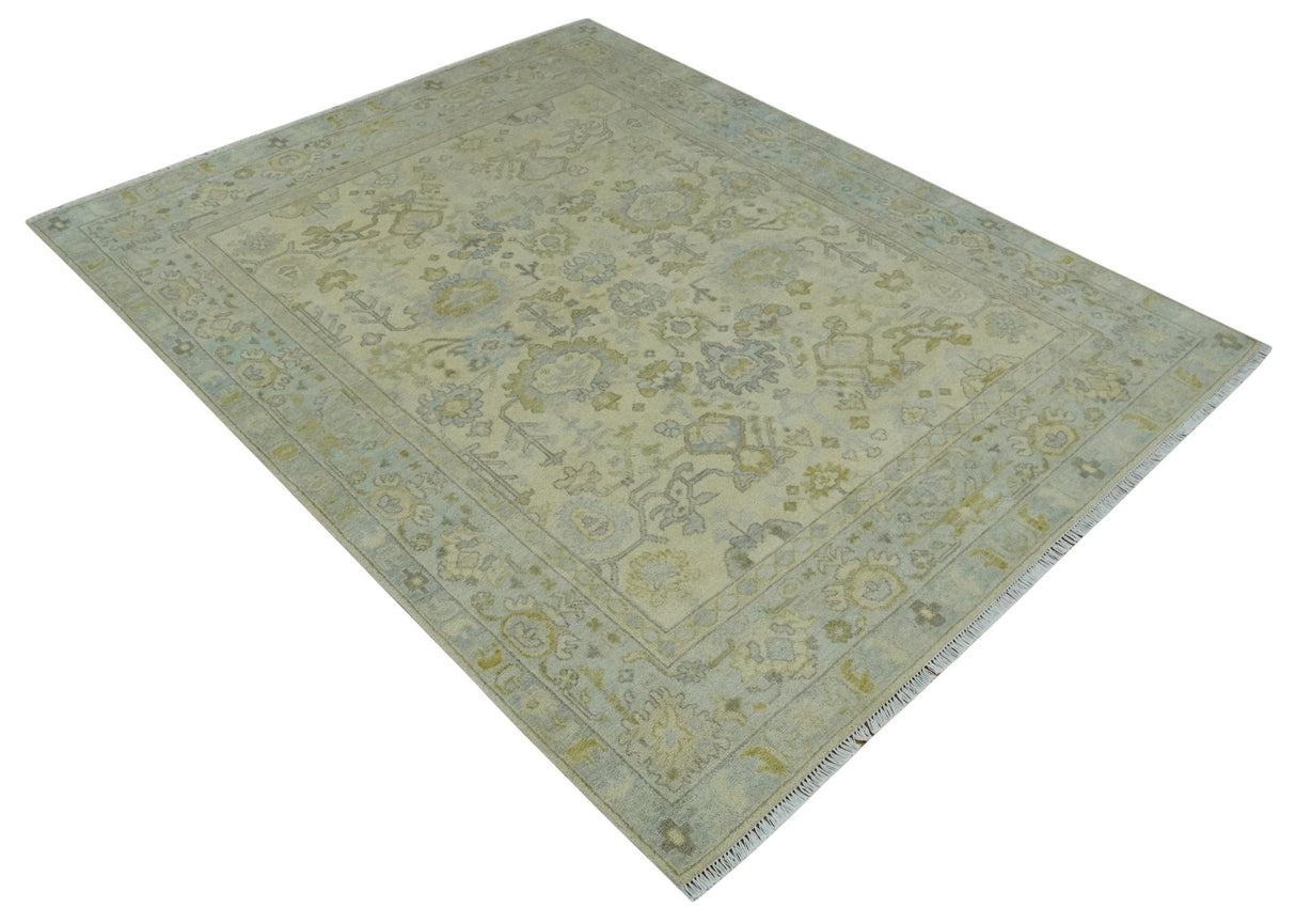 Neutral Beige and silver 8x10 Traditional Antique Finish Hand knotted Wool Area Rug