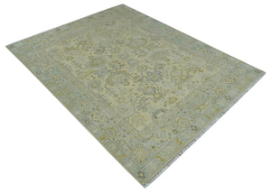Neutral Beige and silver 8x10 Traditional Antique Finish Hand knotted Wool Area Rug