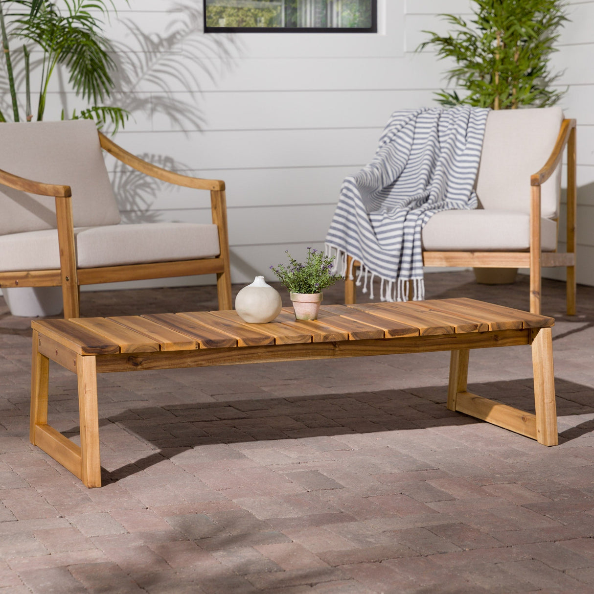 Olas Modern Wood Slat-Top Outdoor Coffee Table