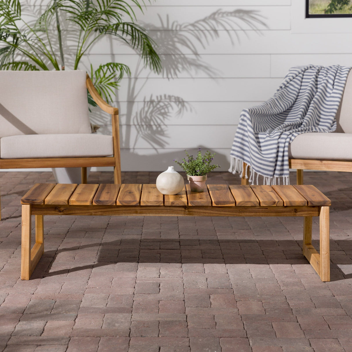 Olas Modern Wood Slat-Top Outdoor Coffee Table