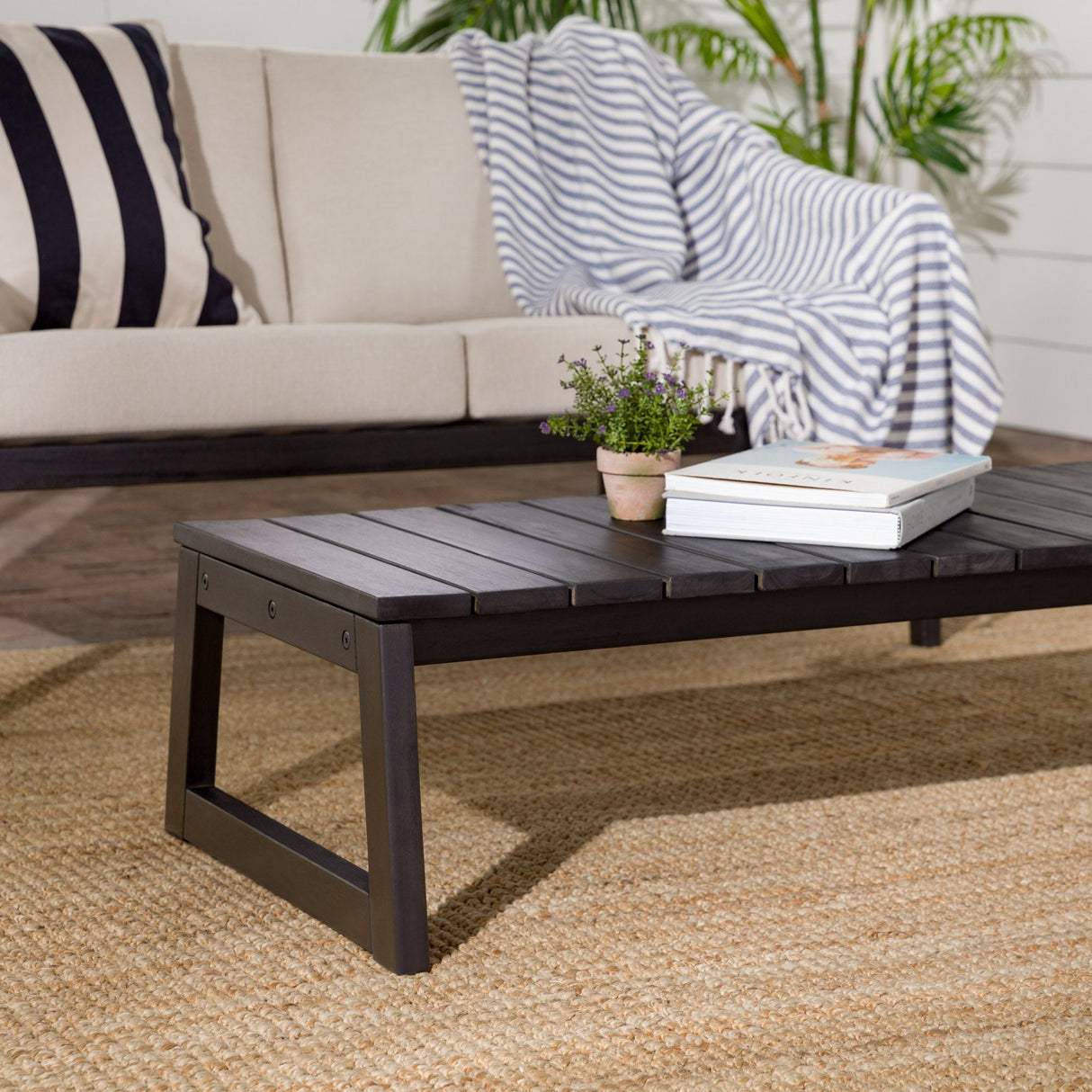 Olas Modern Wood Slat-Top Outdoor Coffee Table