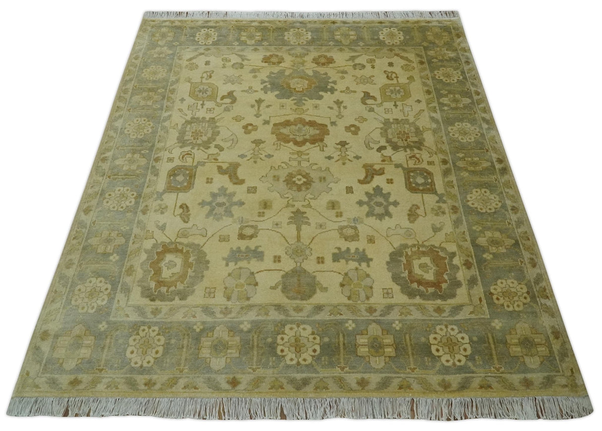 Olive, Beige and Gray Hand Knotted Traditional Oushak 8x10 wool Area Rug