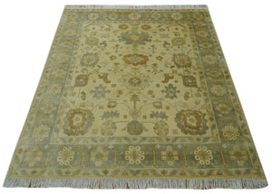 Olive, Beige and Gray Hand Knotted Traditional Oushak 8x10 wool Area Rug