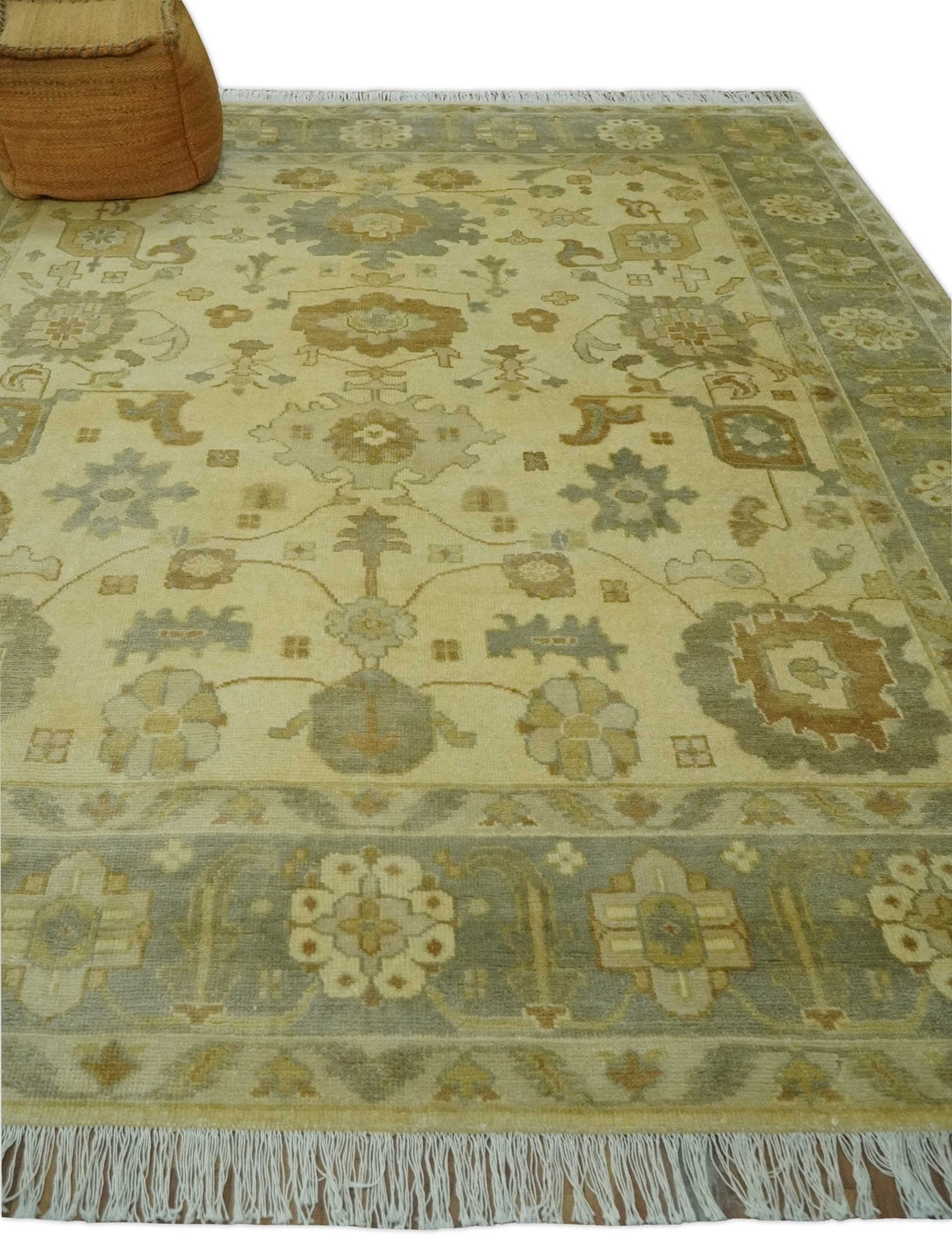 Olive, Beige and Gray Hand Knotted Traditional Oushak 8x10 wool Area Rug